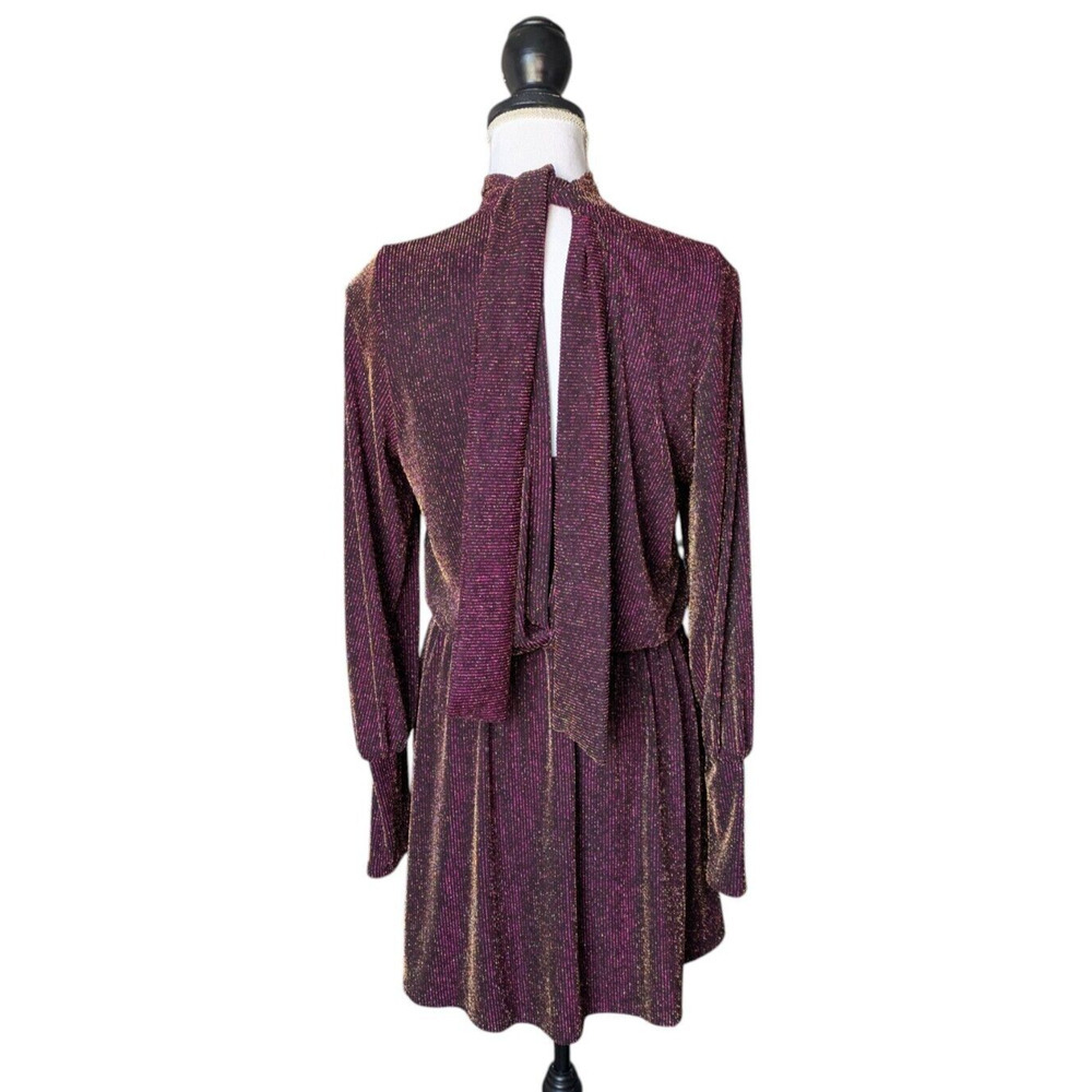Black Halo Gavin Metallic Purple Black Ribbed Mini Dress Sz 4 Shimmer High Neck - Picture 3 of 11